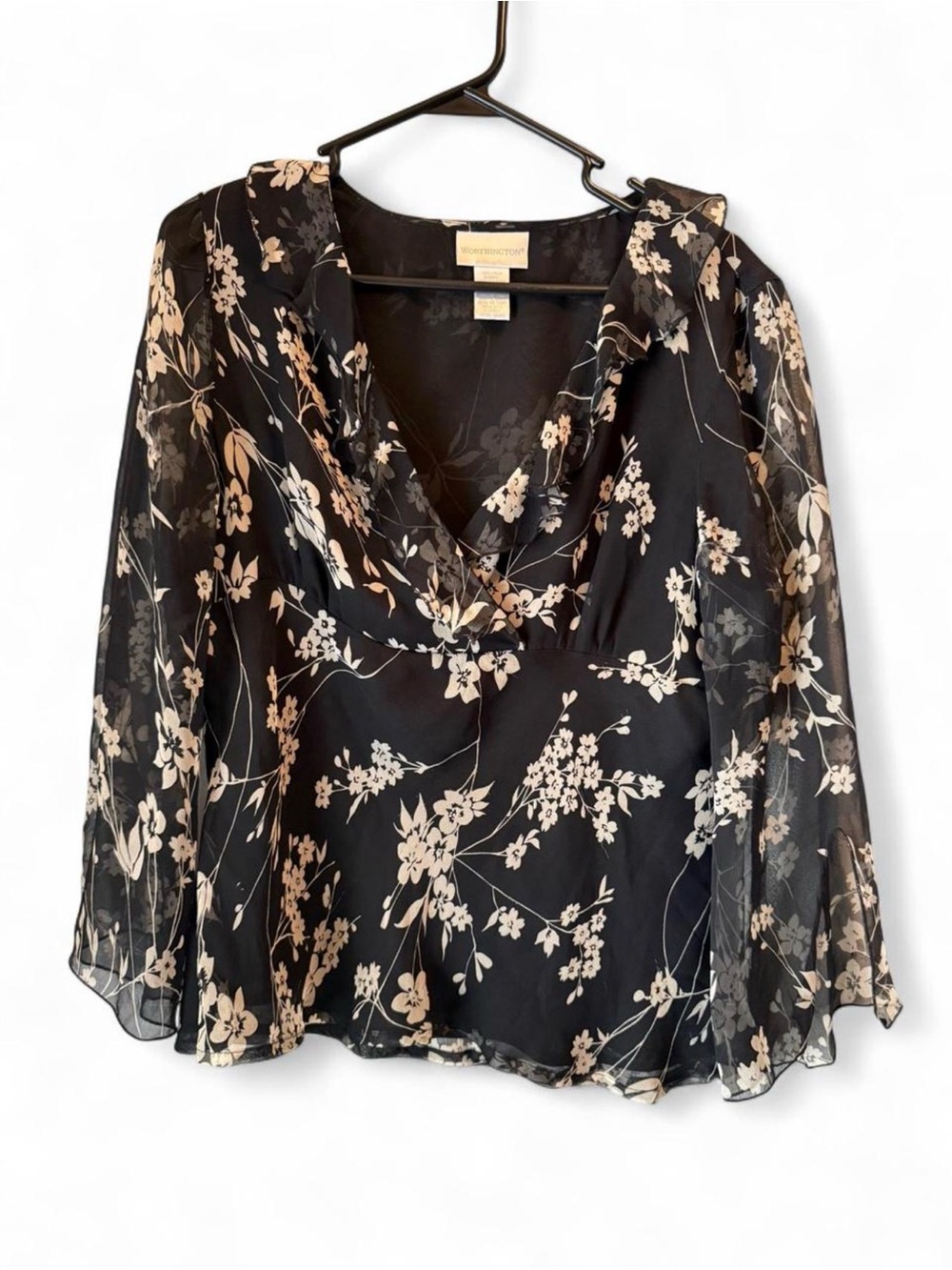 Worthington 100% Silk Sheer Floral Bell Sleeve Blouse XL